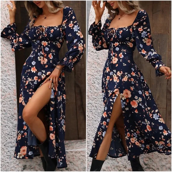 Boho Floral Print Ruffle Sleeve Maxi Dress - Picture 1 of 7